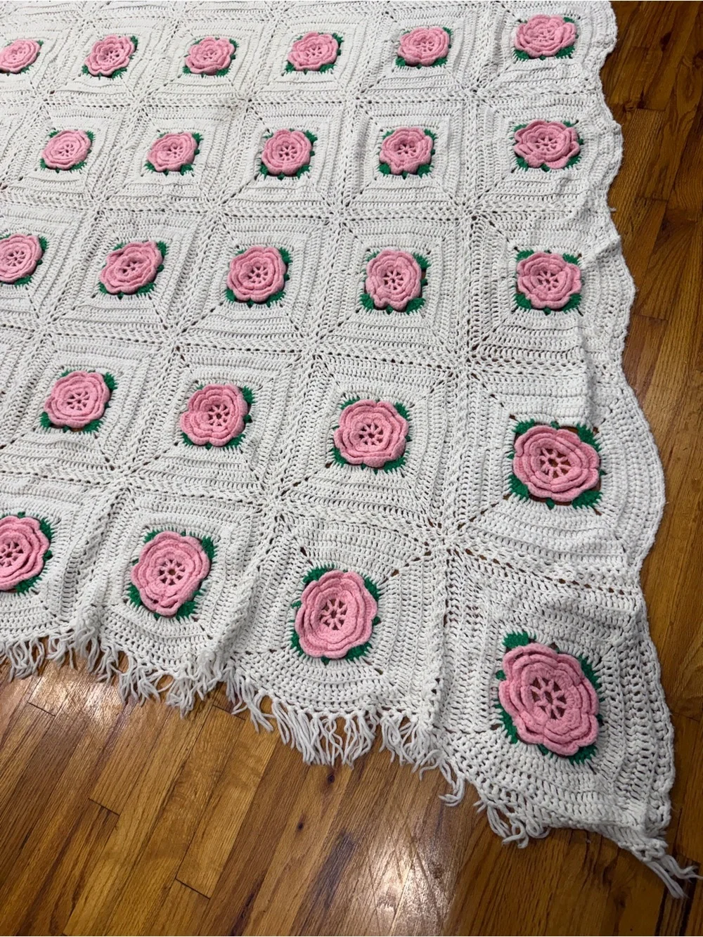 Handmade Cream Crochet Throw Blanket Pink Rose Appliqués King about 117x110”